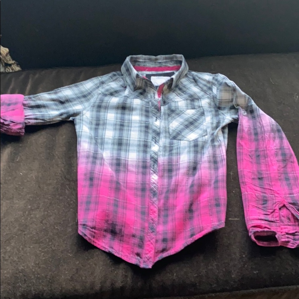 Justice Sz 10 pink &  gray long sleeve plaid top.